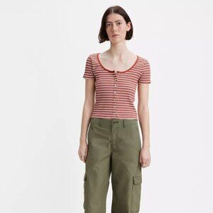 Short Sleeve Snap Front Tee - Red/White Stripe